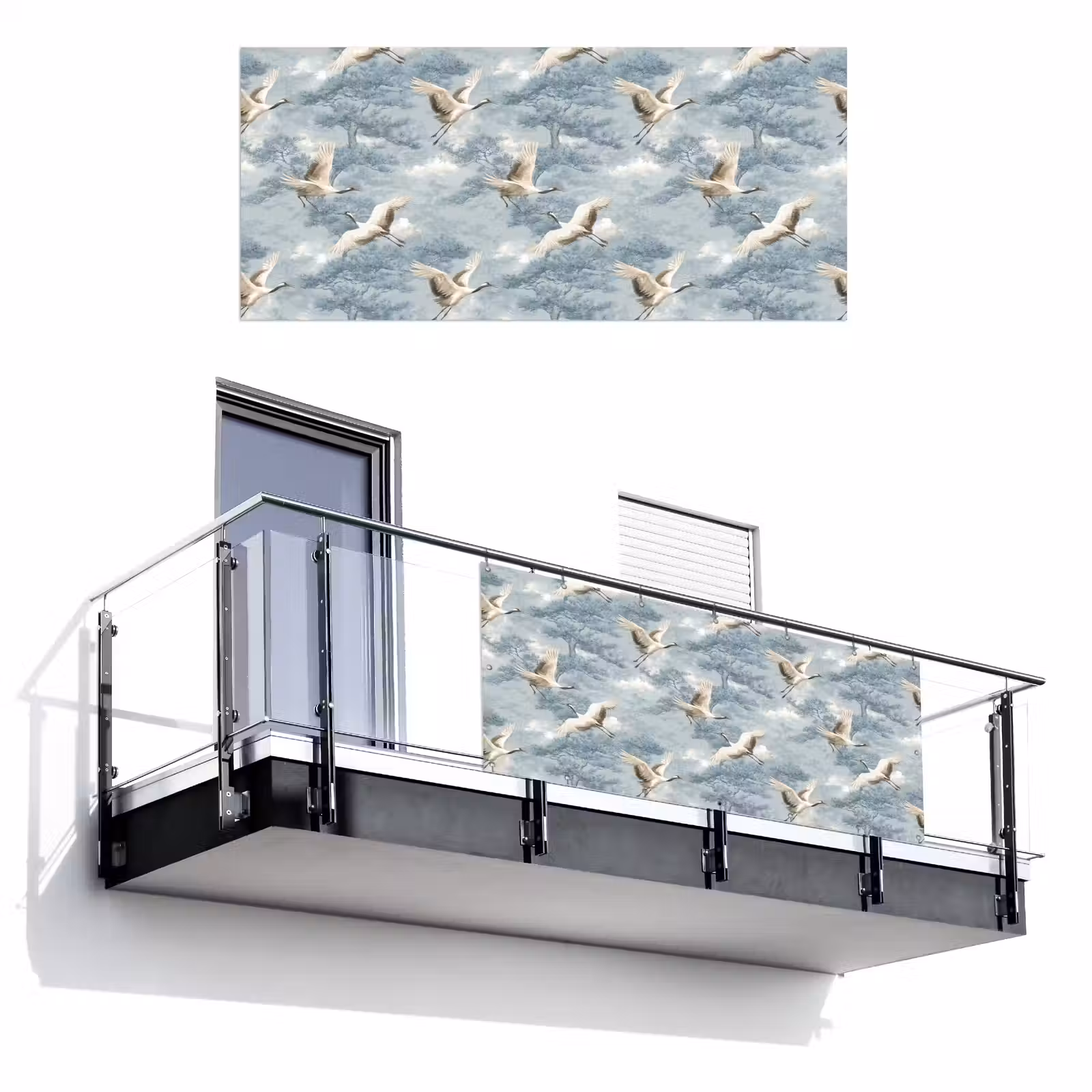 Balkonscherm - Wolken - Kraanvogels - Blauw — 1