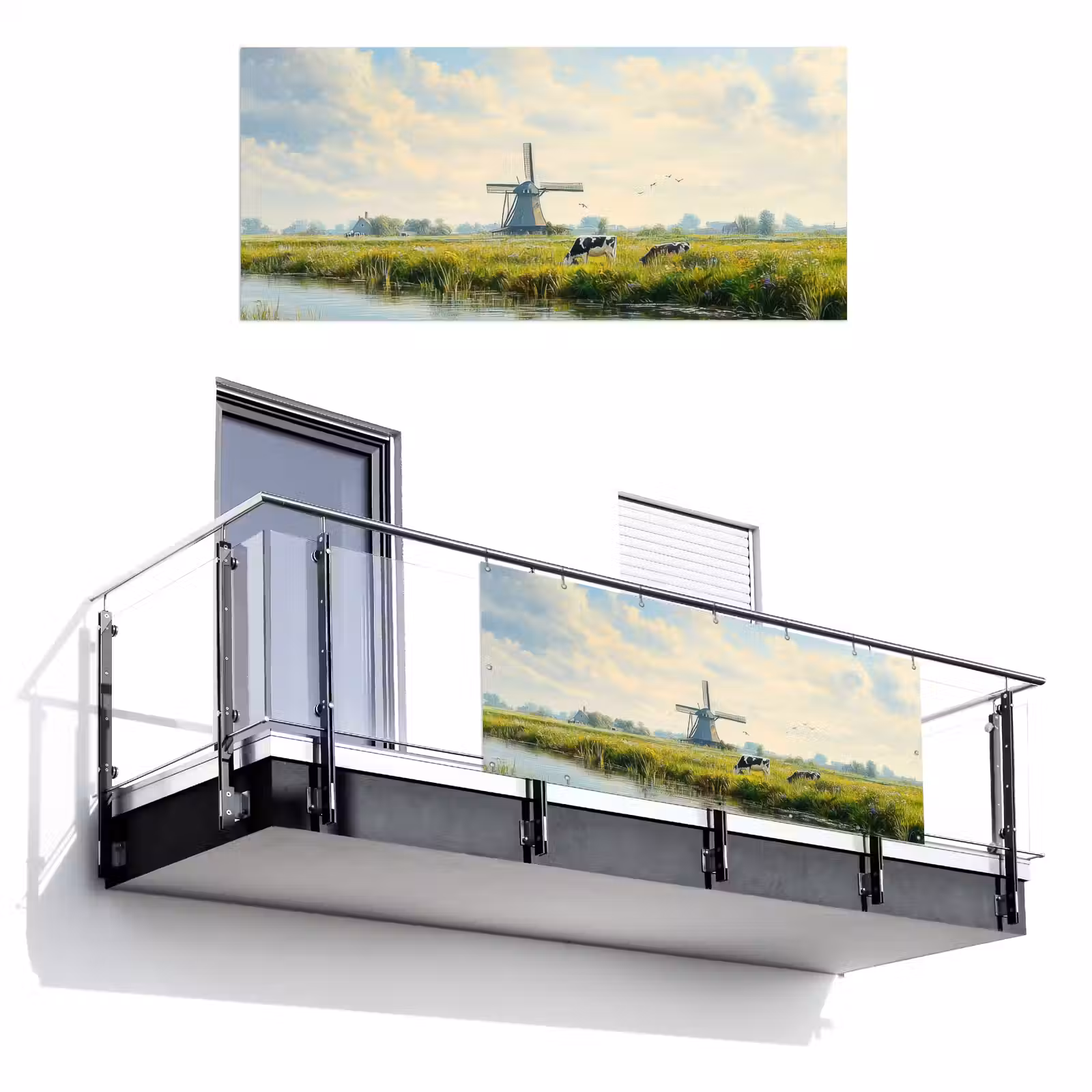 Balkonscherm - Koeien - Windmolen - Weide - Blauw — 1