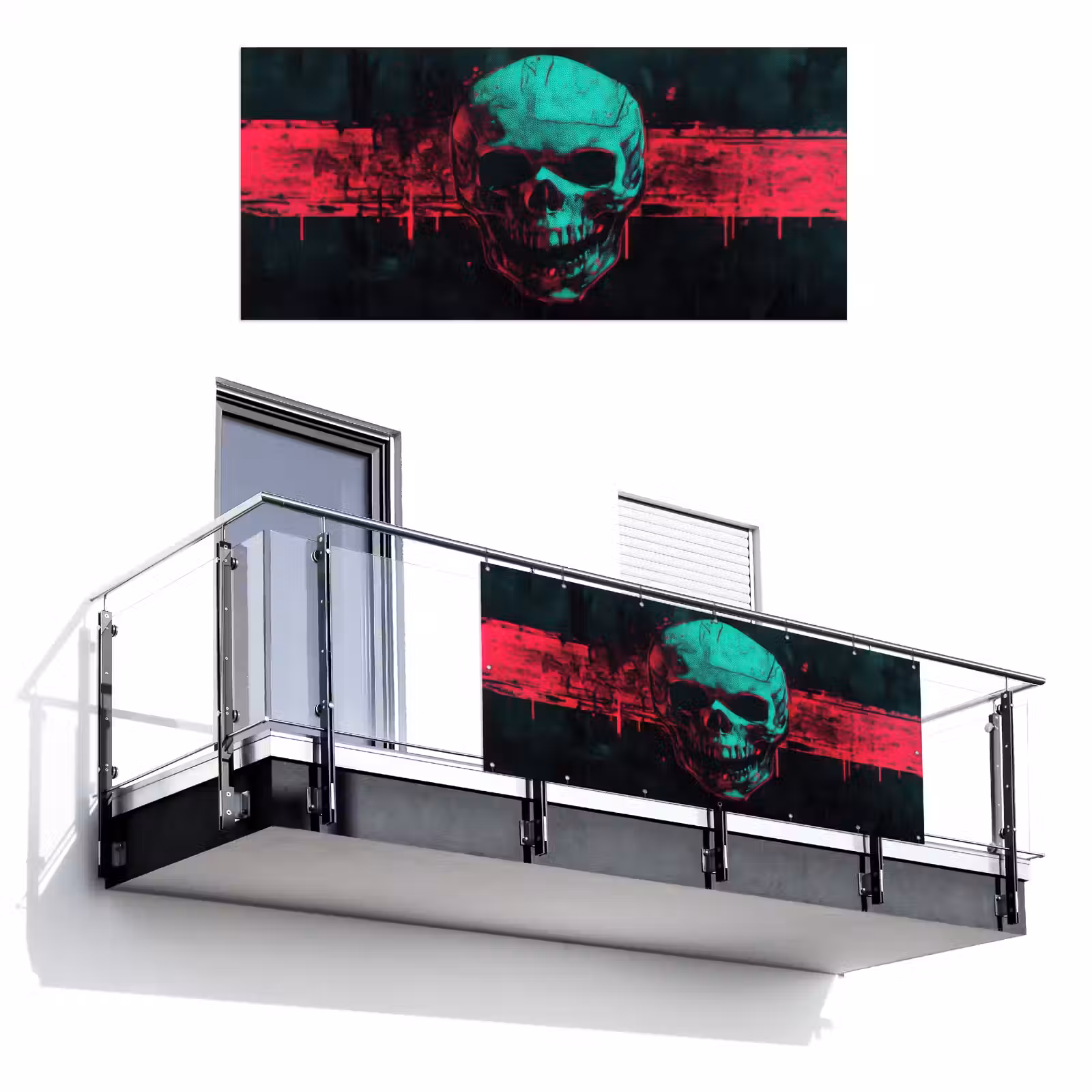 Balkonscherm - Schedel - Cyberpunk - Neon Rood — 1
