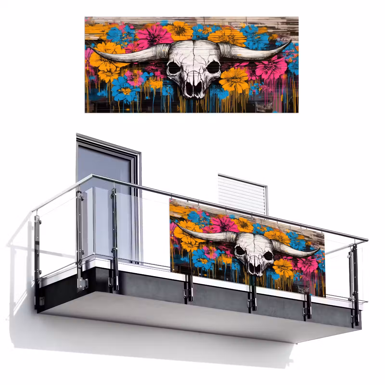Balkonscherm - Schedel - Bloemen - Graffiti — 1