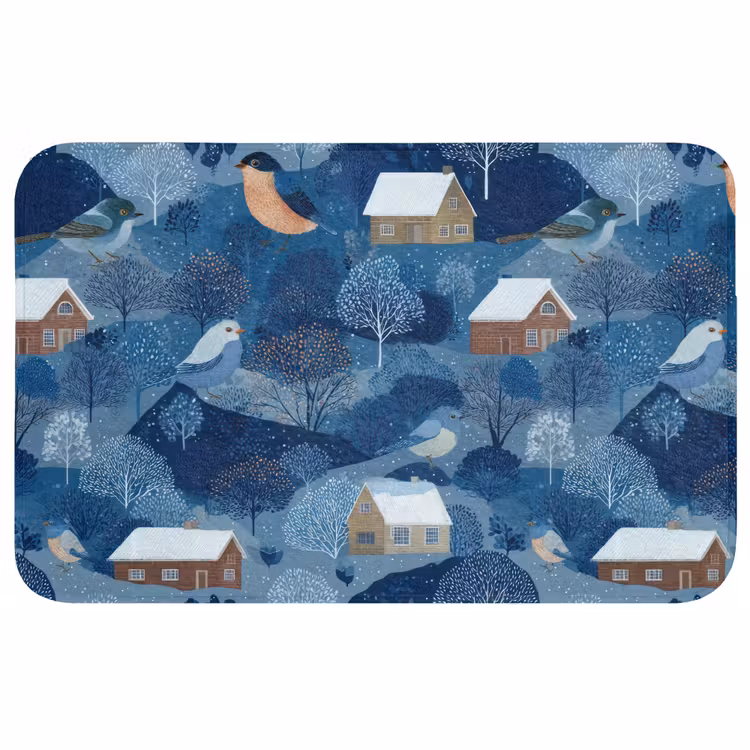 Badmat - Huisjes - Vogels - Sneeuw - Winter - Blauw — 1