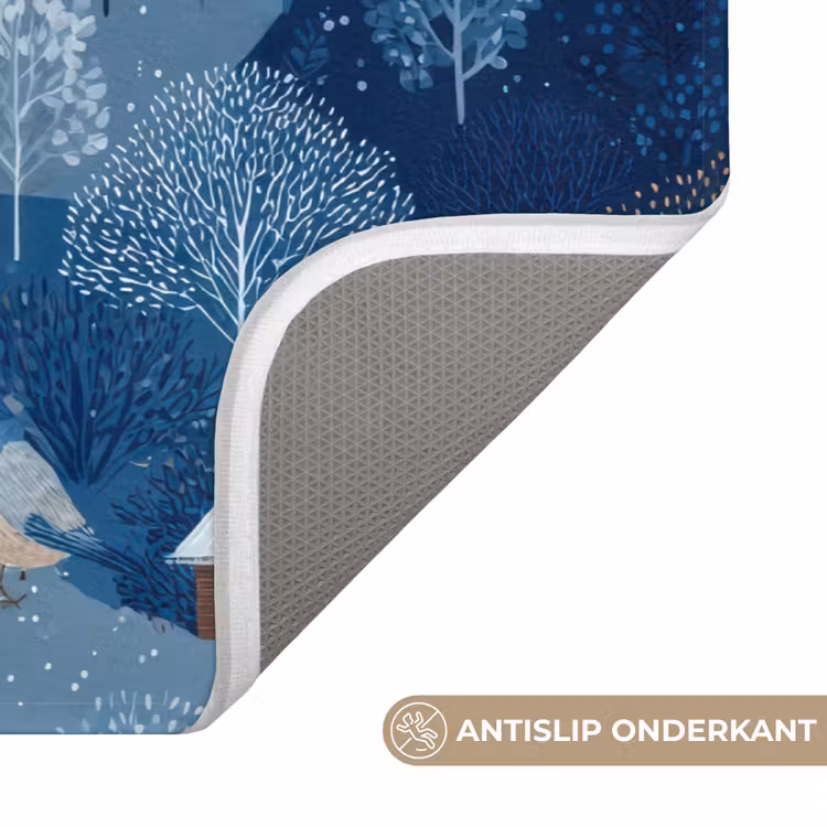 Badmat - Huisjes - Vogels - Sneeuw - Winter - Blauw — 3