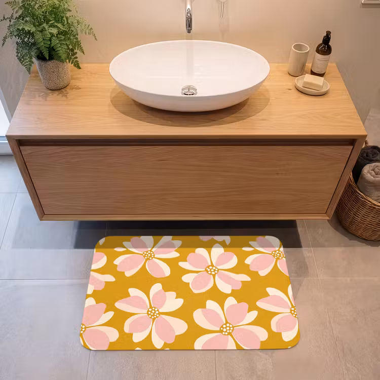 Badmat - Vintage - Bloemen - Okergeel — 2