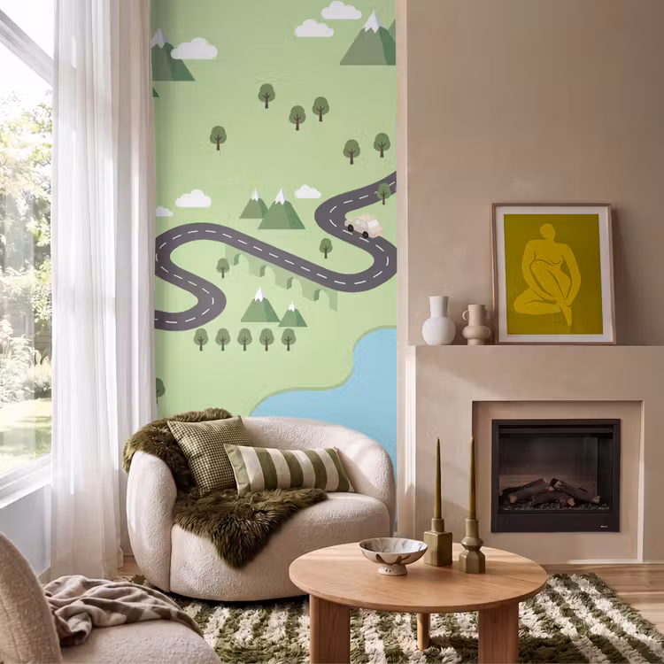 Behang - Auto - Bergweg - Natuur - Illustratie — 1