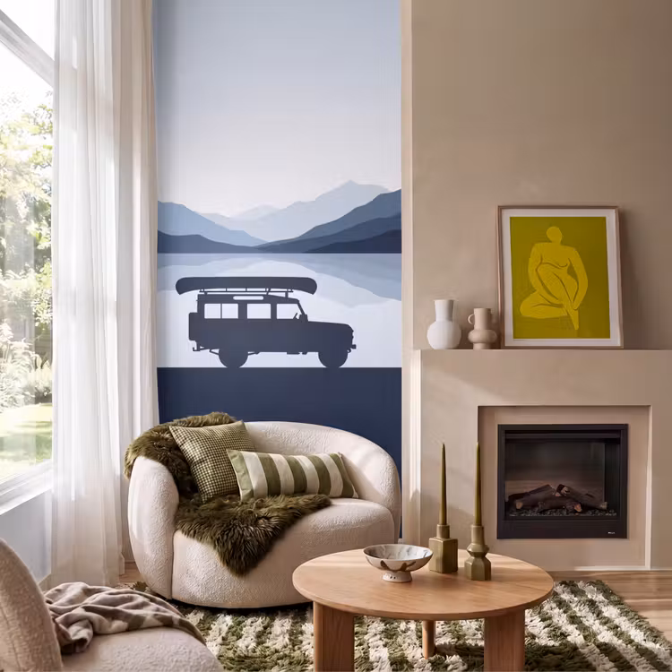 Behang - Auto - Meer - Bergen - Blauw — 1