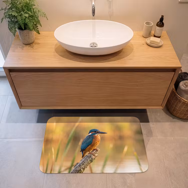 Badmat - IJsvogel - Tak - Water - Kleurrijk - Levendig — 2