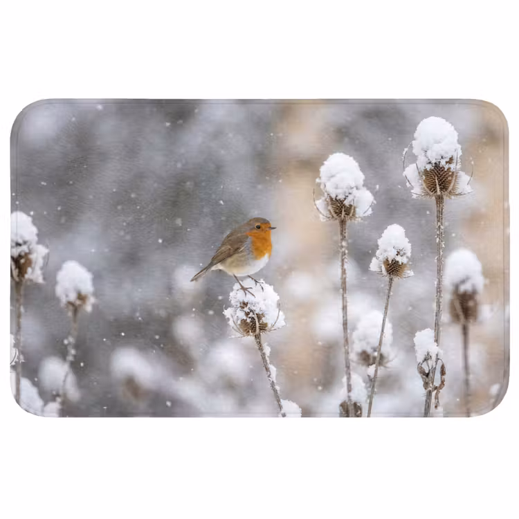 Badmat - Roodborstje - Gedroogde bloem - Sneeuw - Winter - Vertederend — 1