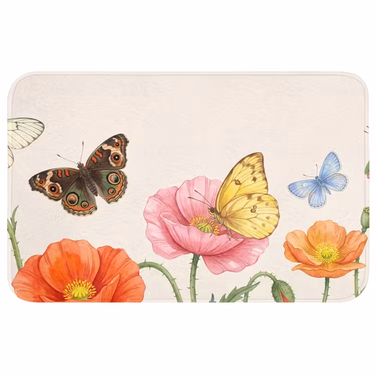 Badmat - Vlinders - Klaprozen - Illustratie - Kleurrijk — 1