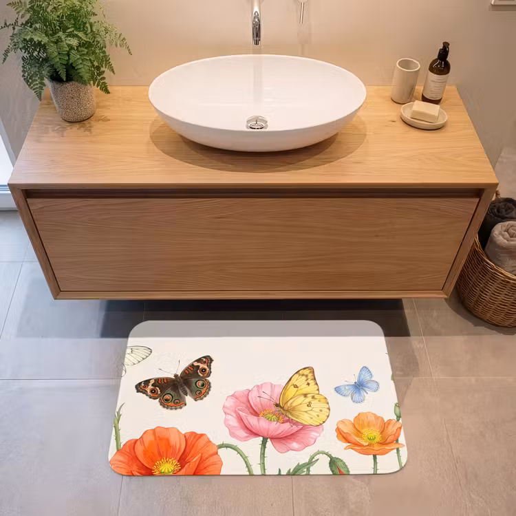 Badmat - Vlinders - Klaprozen - Illustratie - Kleurrijk — 2