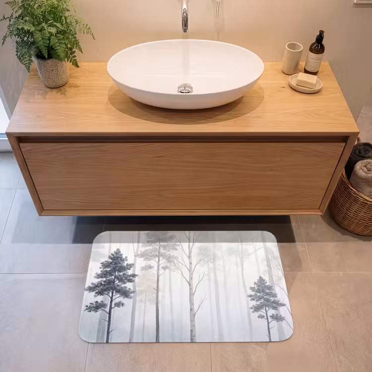 Badmat - Bos - Bomen - Mist - Natuur - Illustratie - Grijs — 2