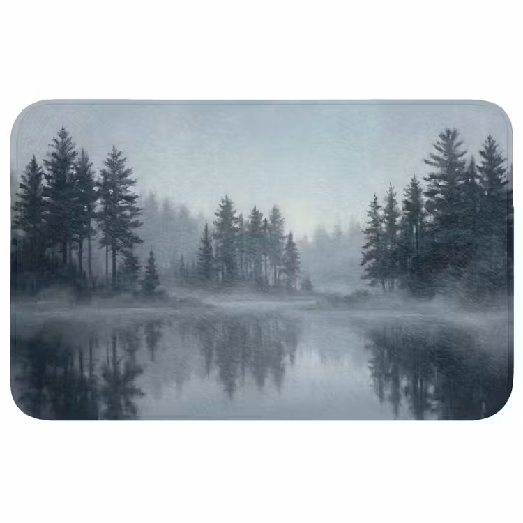 Badmat - Bos - Meer - Mist - Natuur - Grijs — 1