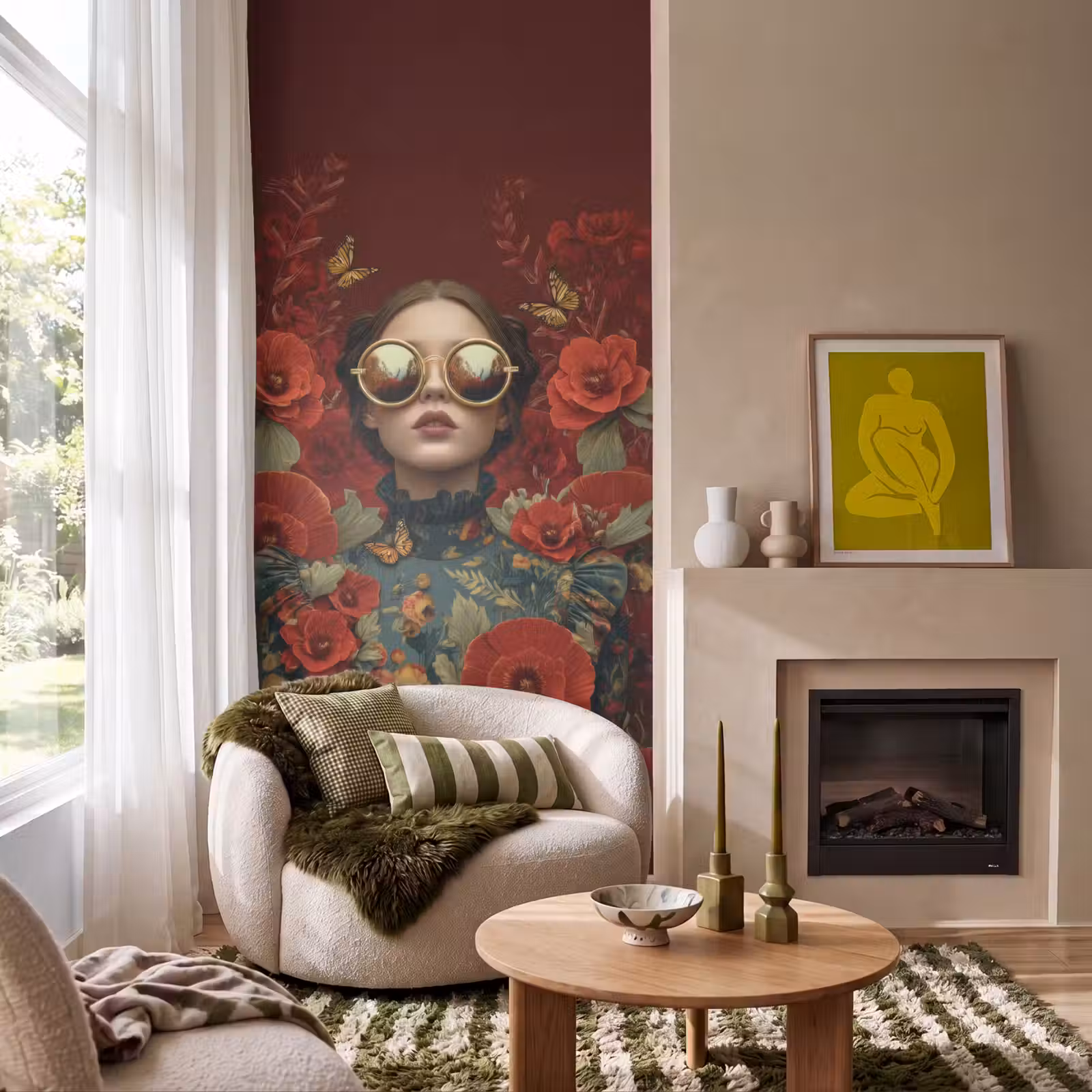 Behang - Bloemen - Dieprood - Zonnebril - Vrouw — 1