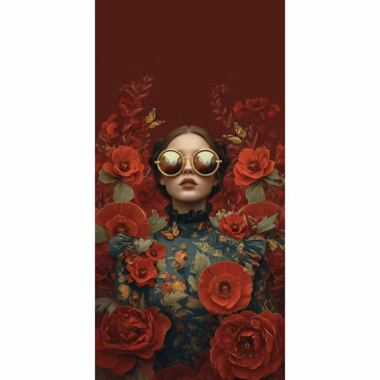 Behang - Bloemen - Dieprood - Zonnebril - Vrouw — 2