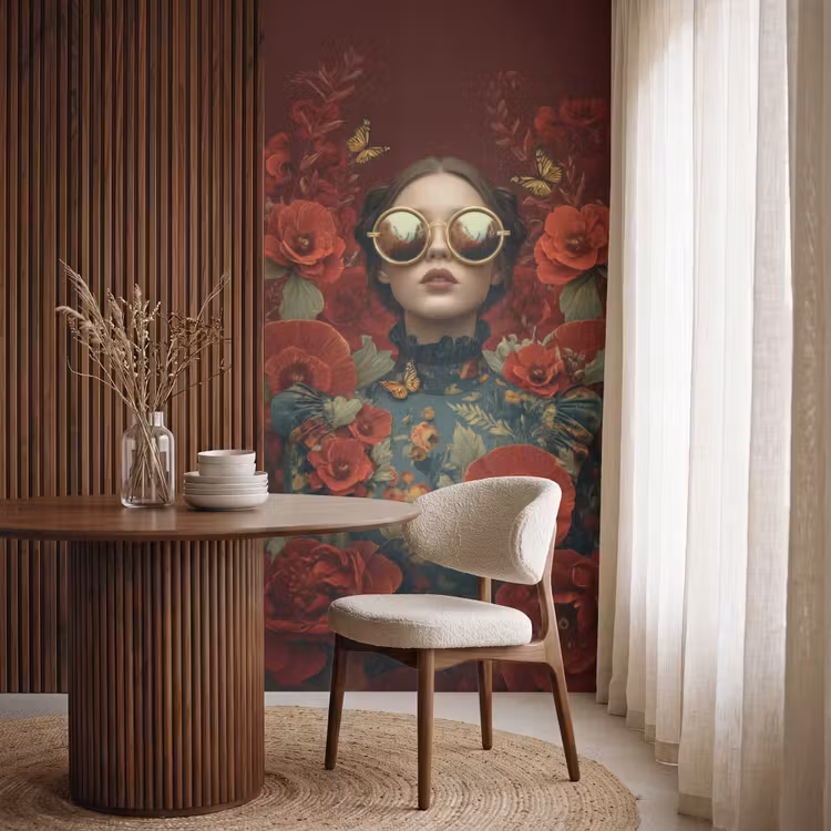 Behang - Bloemen - Dieprood - Zonnebril - Vrouw — 4