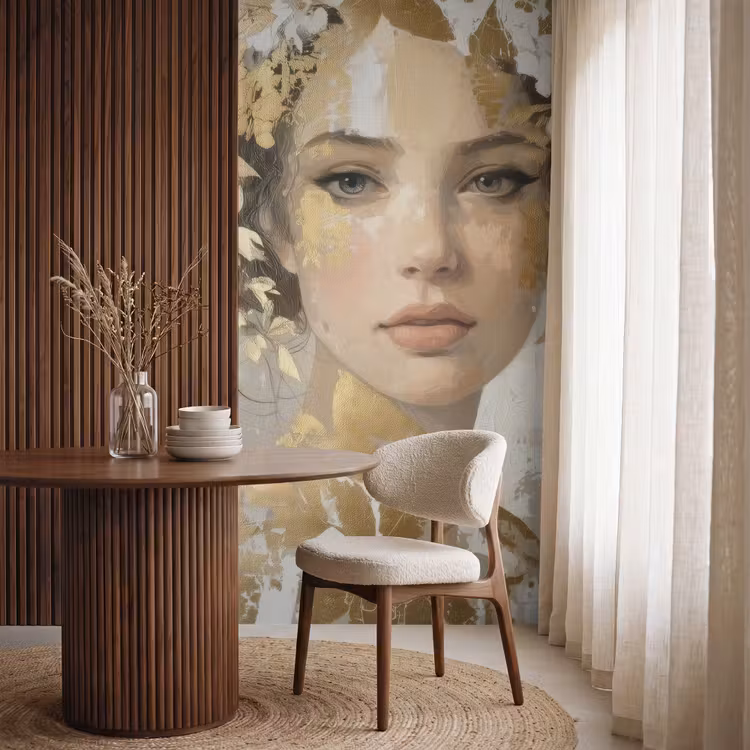 Behang - Gezicht - Vrouw - Bladeren - Goud — 4