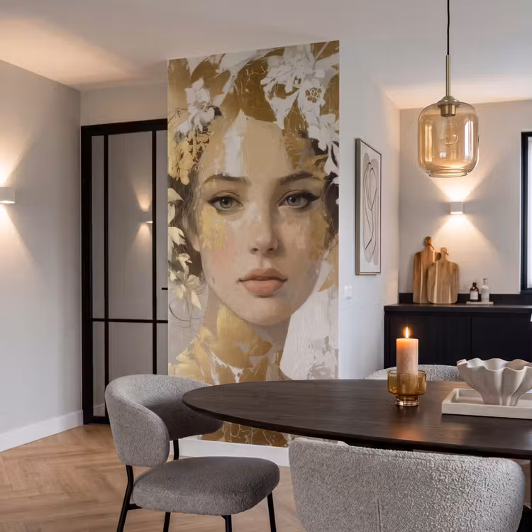 Behang - Gezicht - Vrouw - Bladeren - Goud — 5