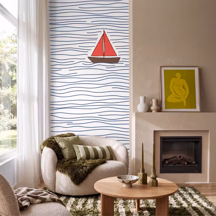 Behang - Boot - Water - Rood - Illustratie - Minimalistisch — 1