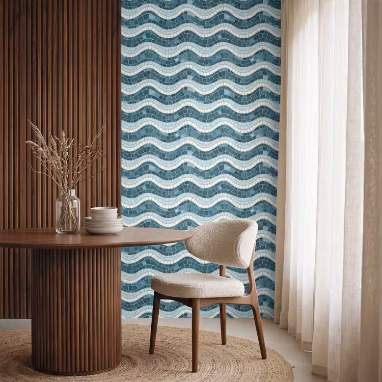 Behang - Blauw - Wit - Mozaïek - Golvend — 4
