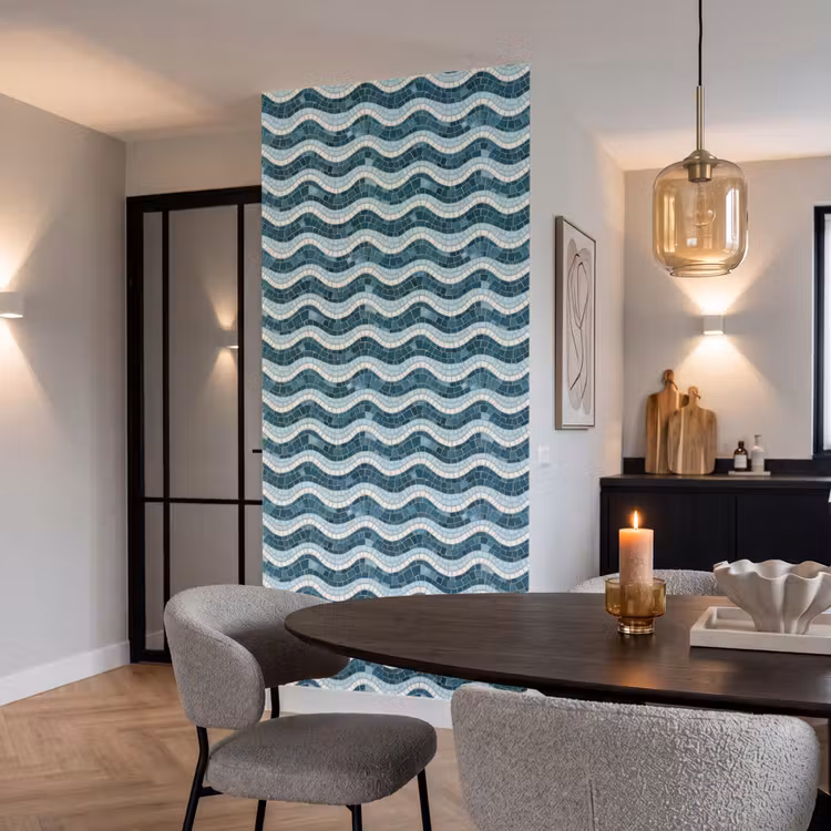 Behang - Blauw - Wit - Mozaïek - Golvend — 5