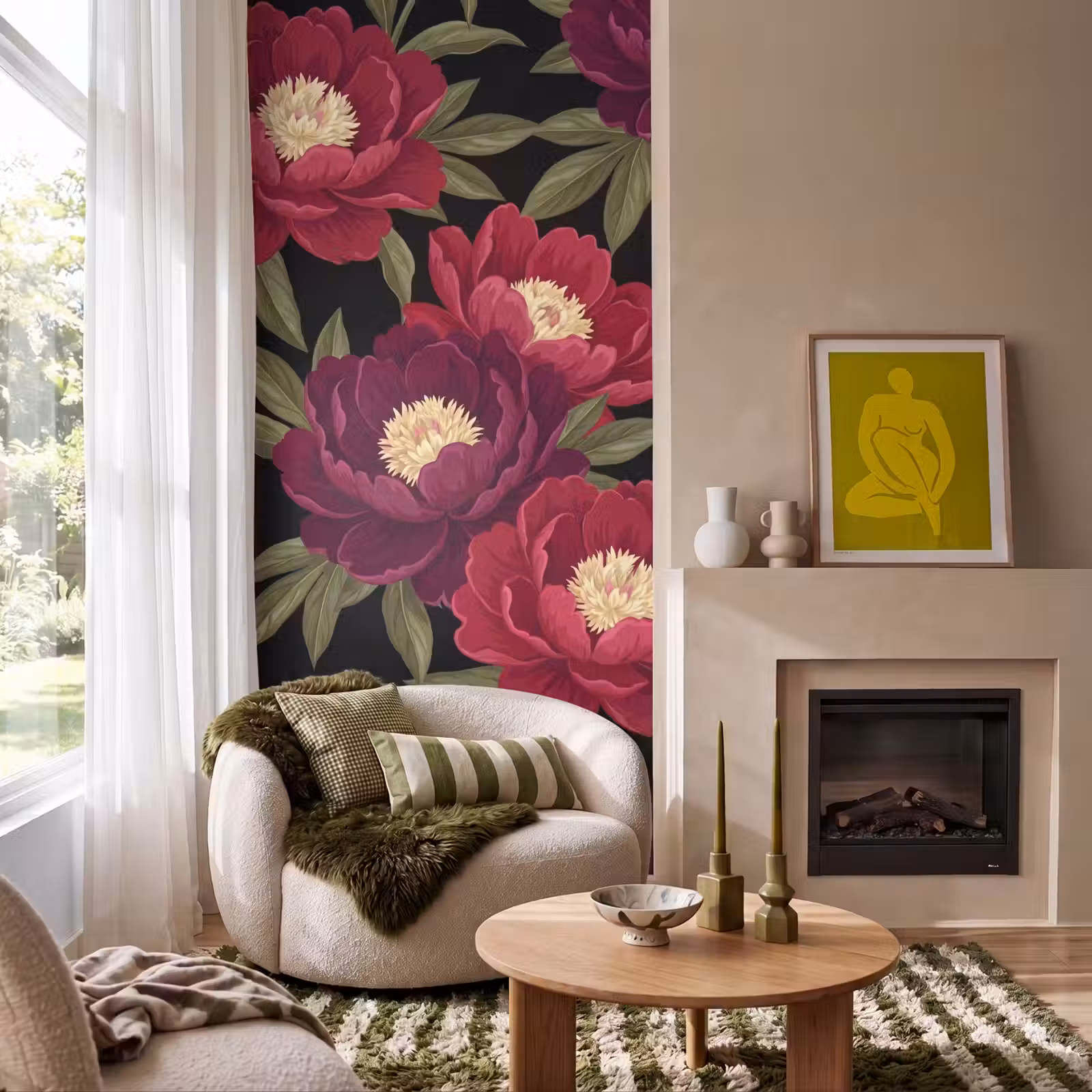 Behang - Bloemen - Patroon - Botanisch - Rood - Zwart — 1