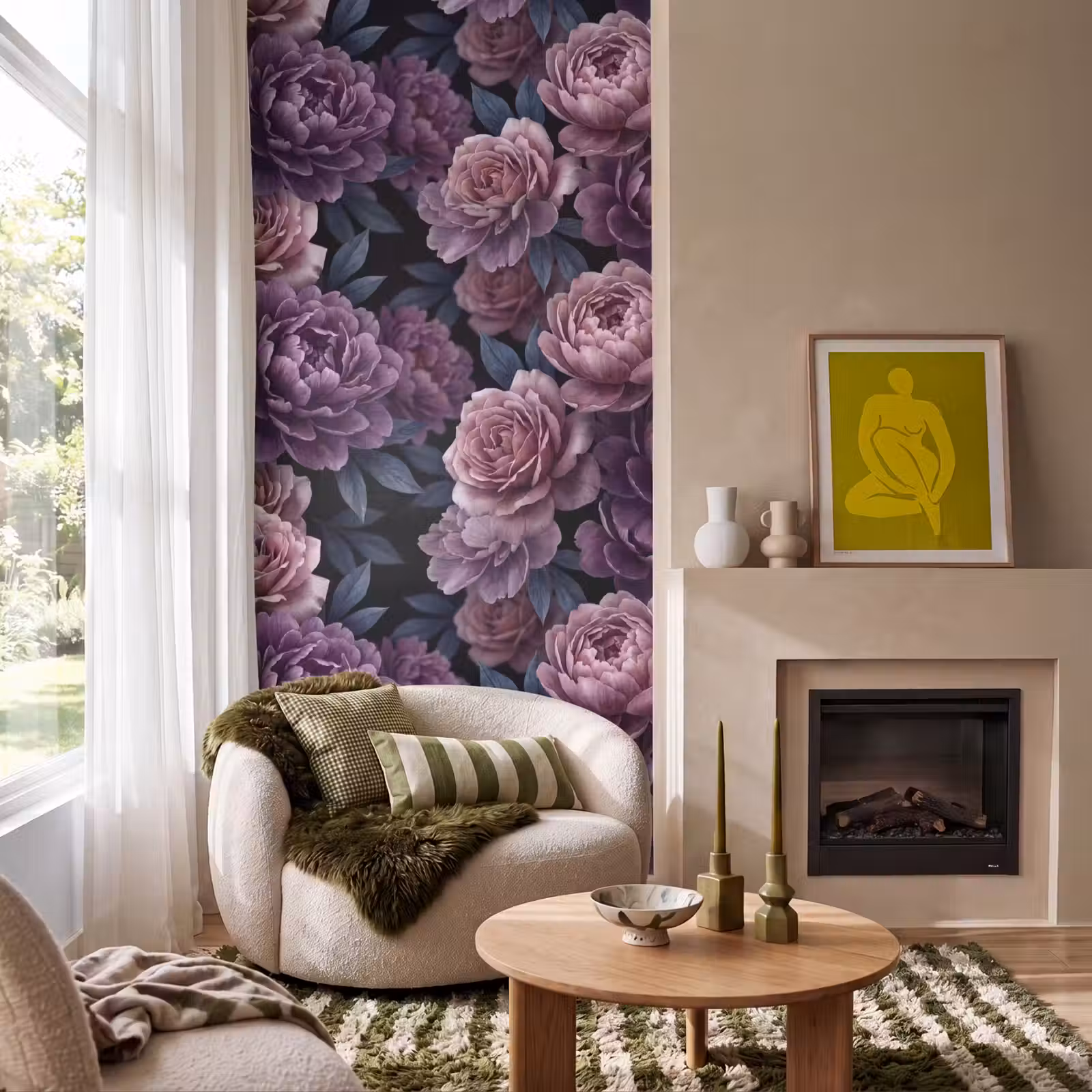 Behang - Bloemen - Patroon - Donker - Botanisch - Paars — 1