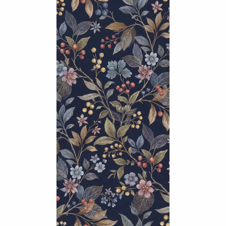 Behang - Bloemen - Bladeren - Patroon - Botanisch - Donkerblauw — 2
