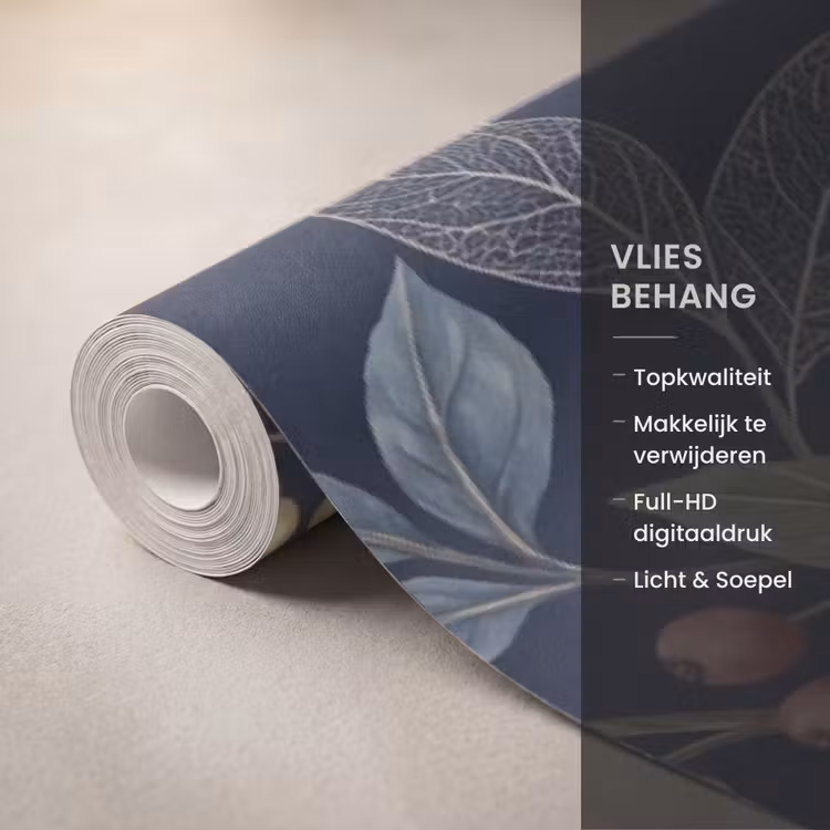 Behang - Bloemen - Bladeren - Patroon - Botanisch - Donkerblauw — 3