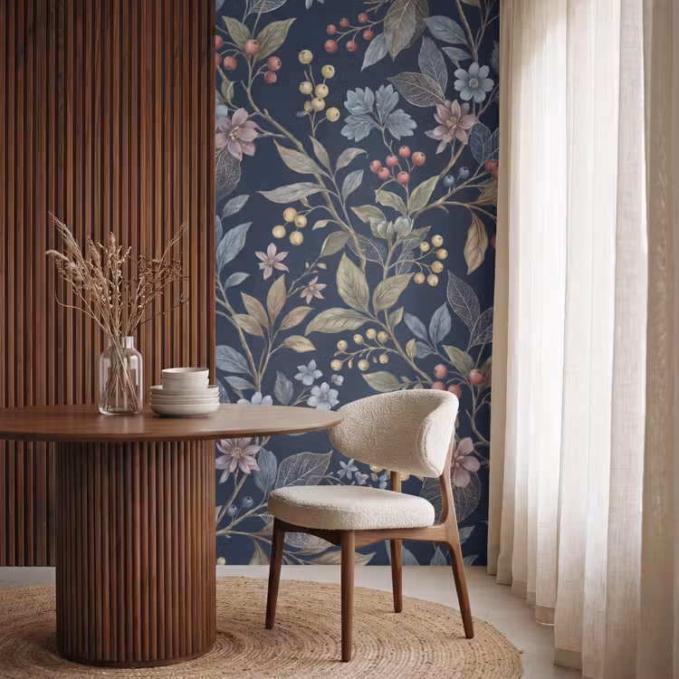 Behang - Bloemen - Bladeren - Patroon - Botanisch - Donkerblauw — 4
