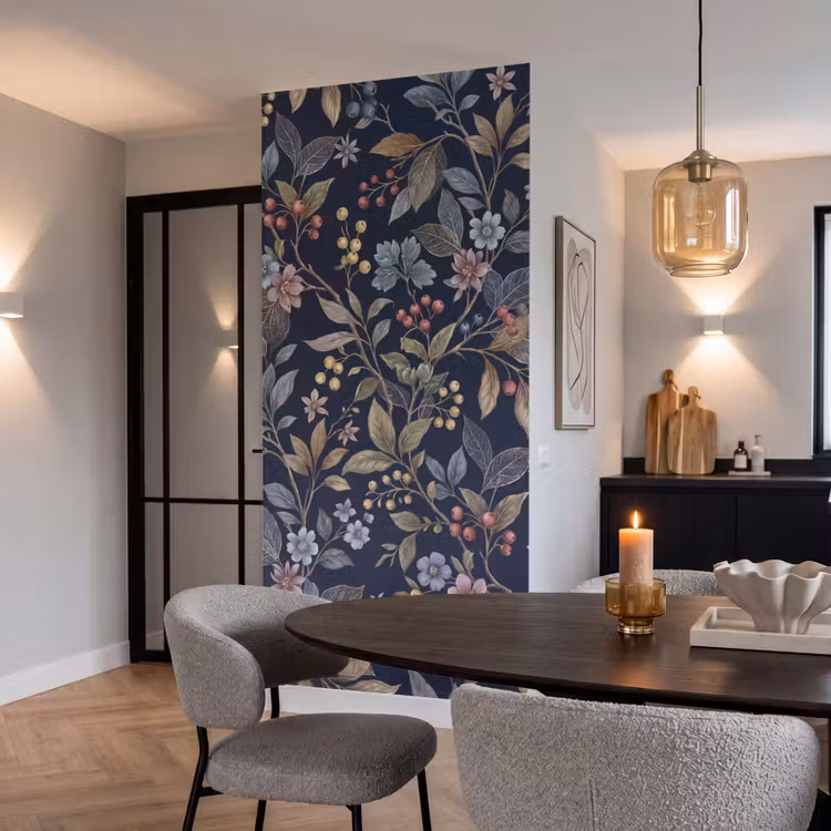 Behang - Bloemen - Bladeren - Patroon - Botanisch - Donkerblauw — 5