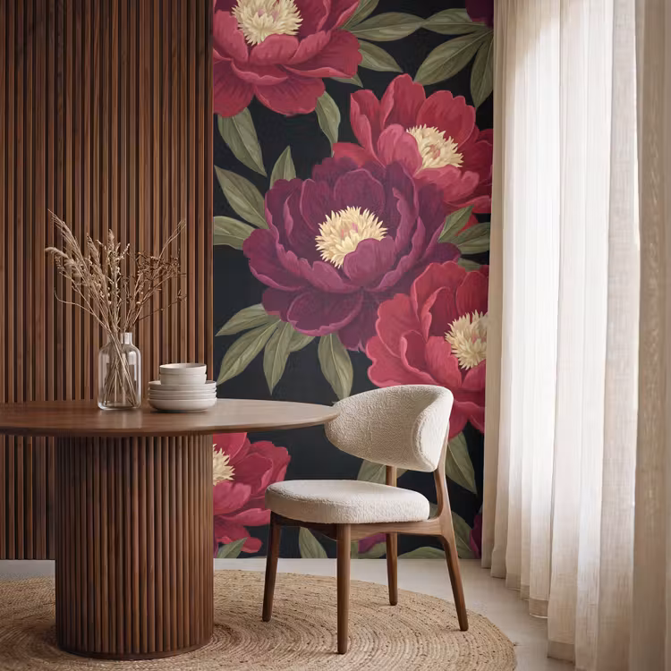 Behang - Bloemen - Patroon - Botanisch - Rood - Zwart — 4