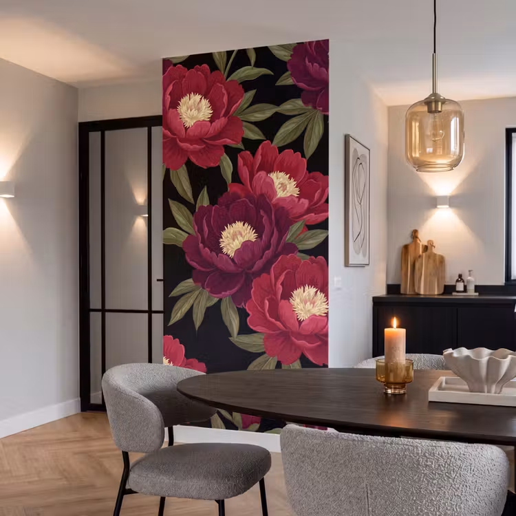 Behang - Bloemen - Patroon - Botanisch - Rood - Zwart — 5