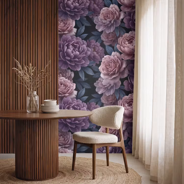 Behang - Bloemen - Patroon - Donker - Botanisch - Paars — 4
