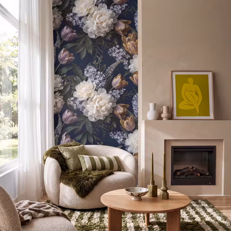 Behang - Bloemen - Donker - Elegant - Natuur - Wit — 1