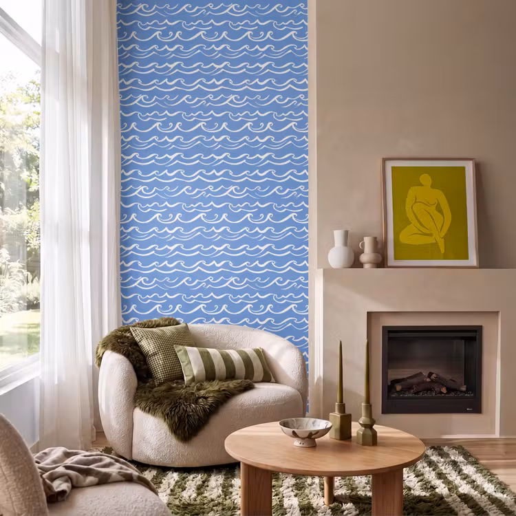 Behang - Blauw - Wit - Simpel - Getekend - Golven — 1