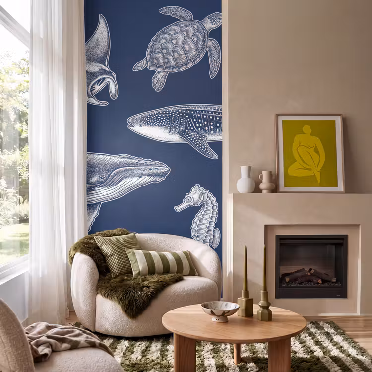 Behang - Dieren - Zeeleven - Oceaan - Graveren - Blauw — 1