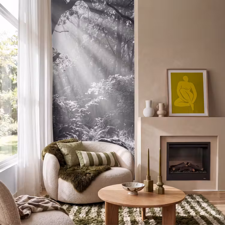 Behang - Bos - Lichtstralen - Natuur - Zwart-wit — 1