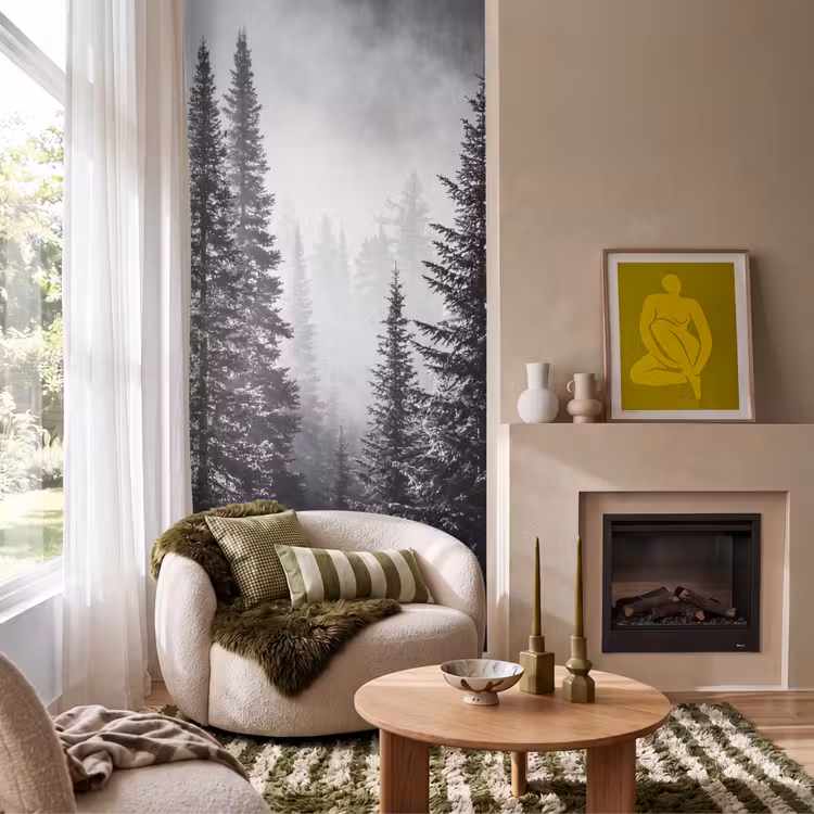 Behang - Bos - Mist - Winter - Monochroom - Natuur — 1