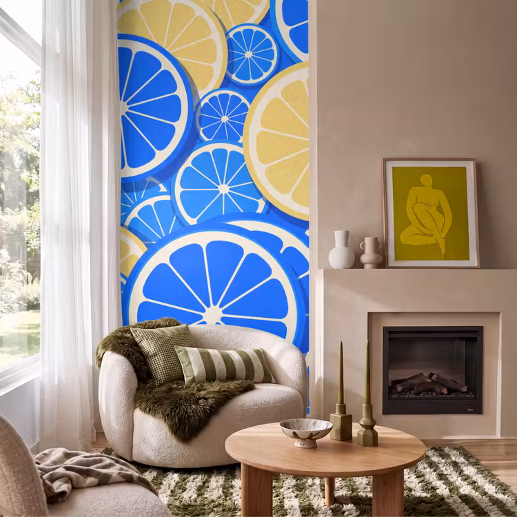 Behang - Fruit - Schijven - Patroon - Modern - Blauw - Geel — 1
