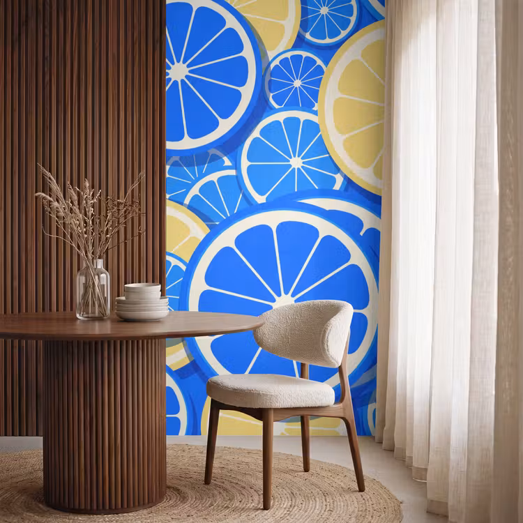 Behang - Fruit - Schijven - Patroon - Modern - Blauw - Geel — 4