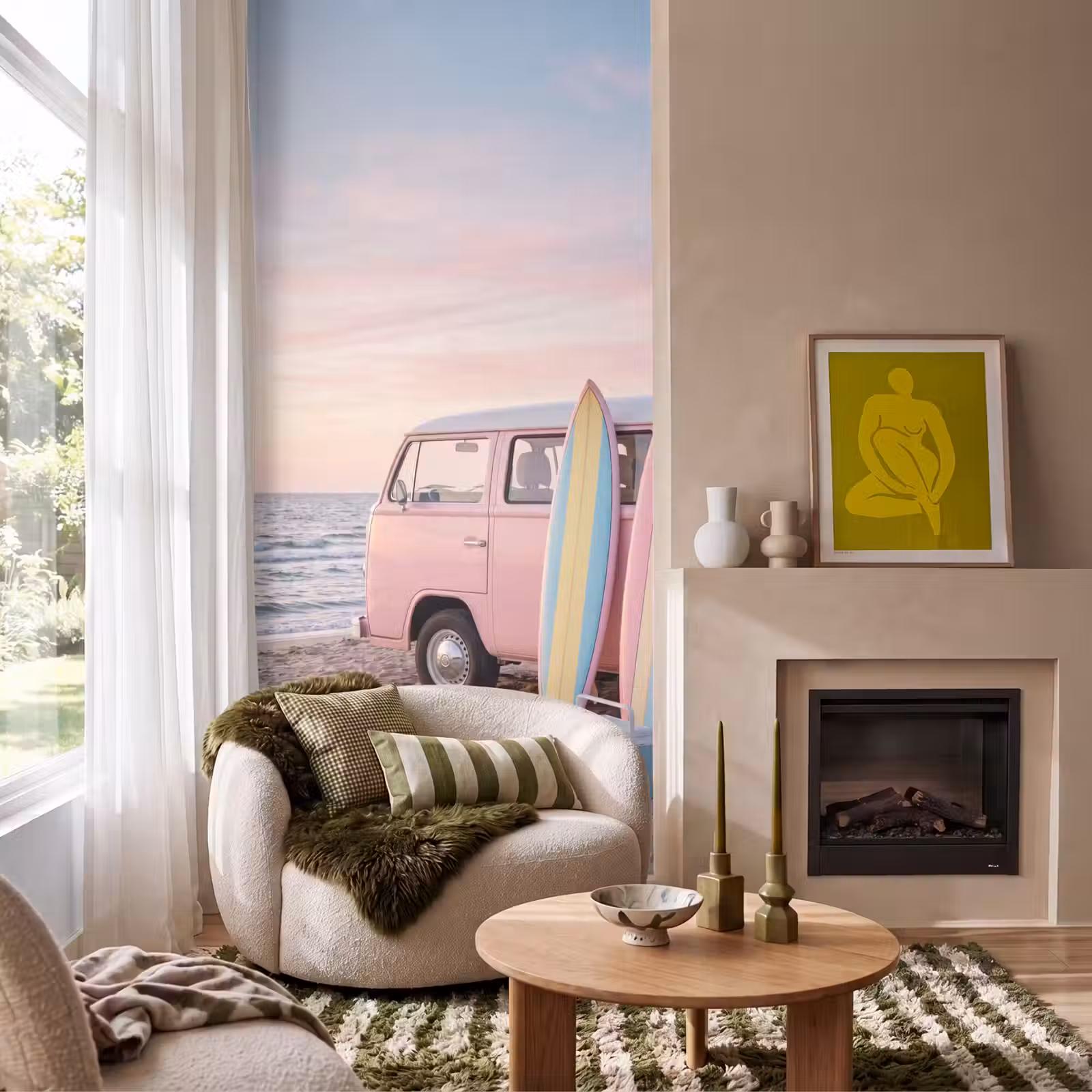 Behang - Busje - Strand - Surfplank - Zomer - Roze — 1