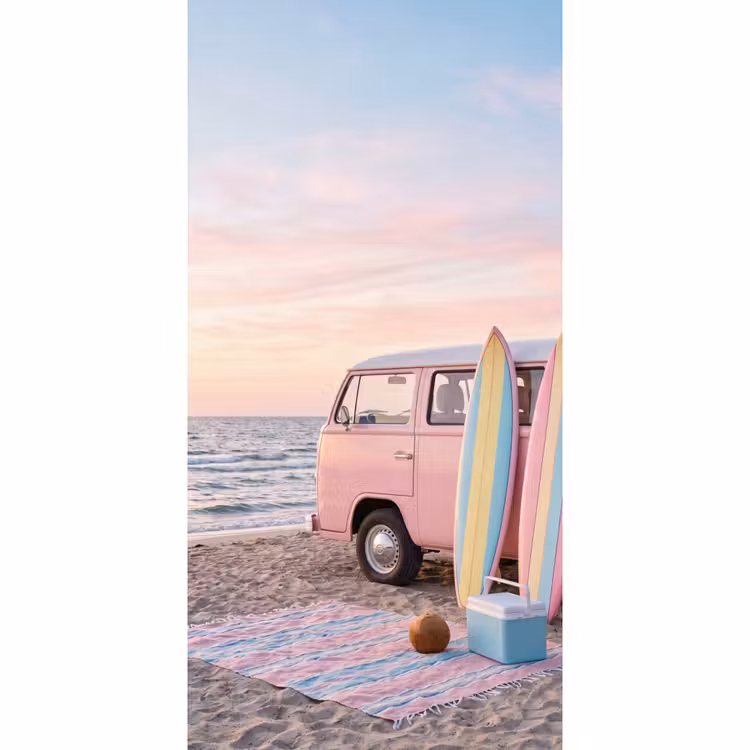 Behang - Busje - Strand - Surfplank - Zomer - Roze — 2