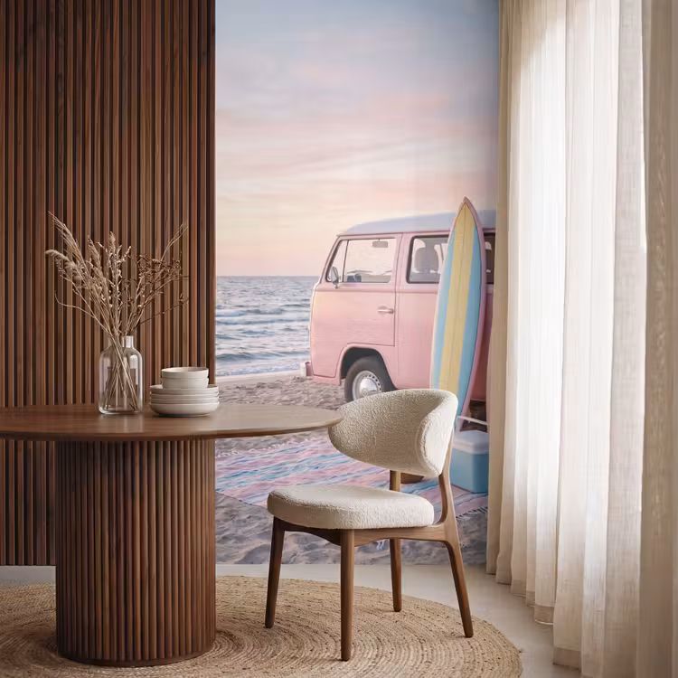 Behang - Busje - Strand - Surfplank - Zomer - Roze — 4