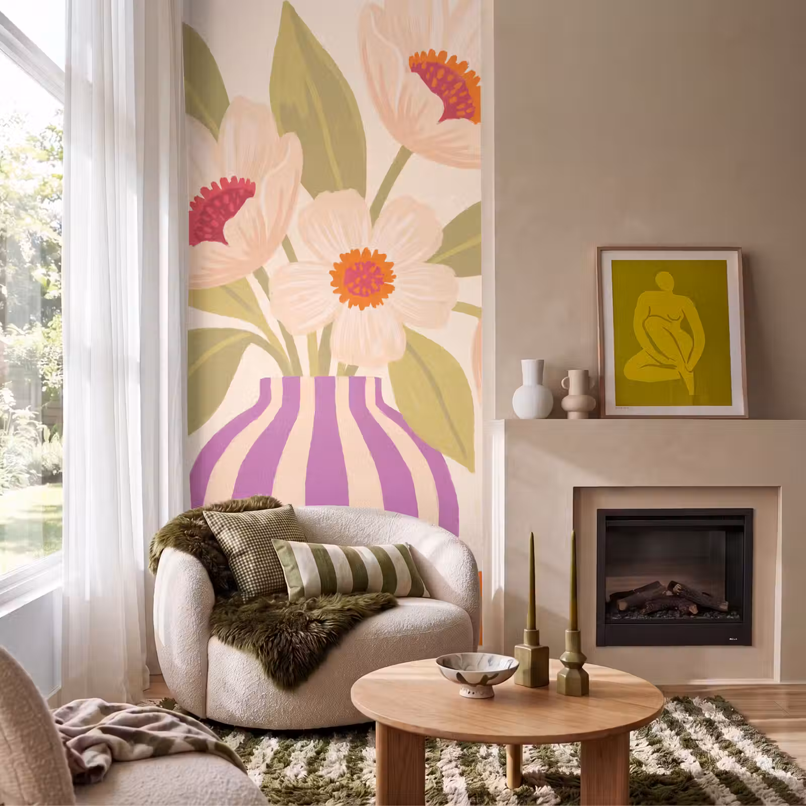 Behang - Bloemen - Vaas - Abstract - Paars - Oranje — 1