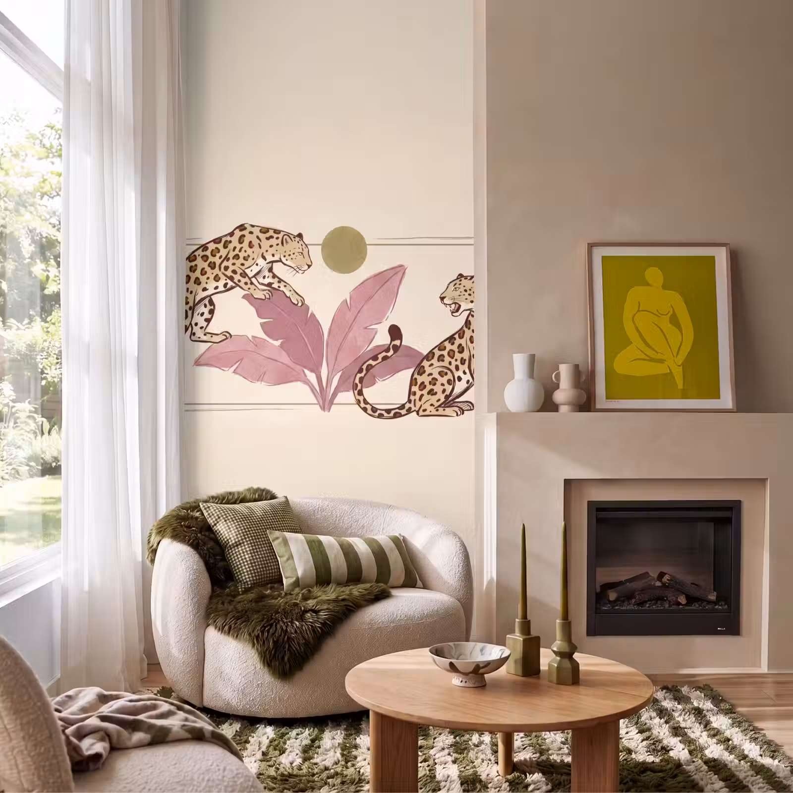 Behang - Dieren - Kat - Jungle - Illustratie - Beige — 1