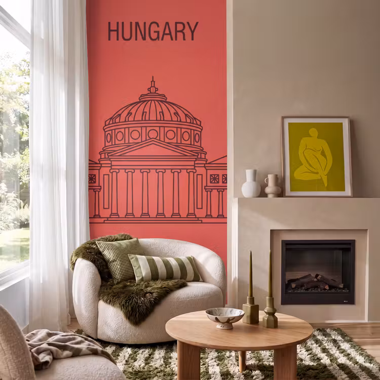 Behang - Architectuur - Boekarest - Stedelijk - Lijntekening - Rood — 1