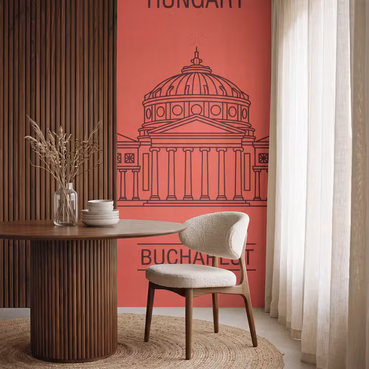 Behang - Architectuur - Boekarest - Stedelijk - Lijntekening - Rood — 4