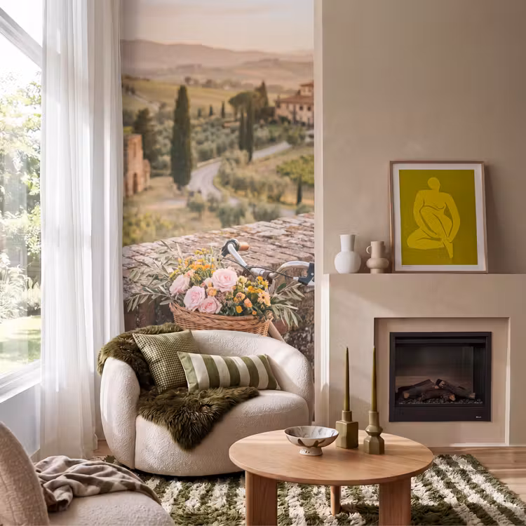 Behang - Fiets - Bloemen - Toscane - Landschap - Roze — 1