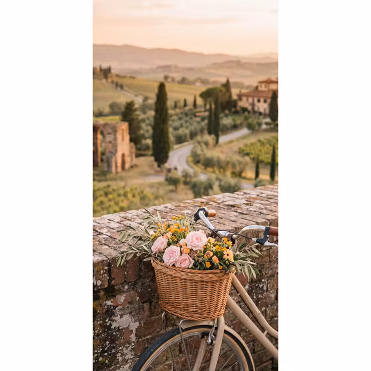 Behang - Fiets - Bloemen - Toscane - Landschap - Roze — 2