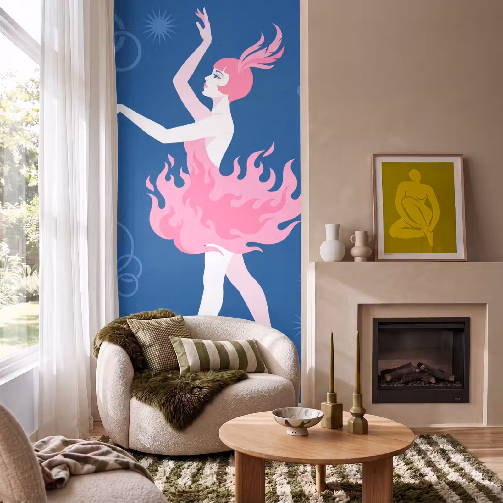 Behang - Danseres - Vlammenrok - Abstract - Roze - Blauw — 1