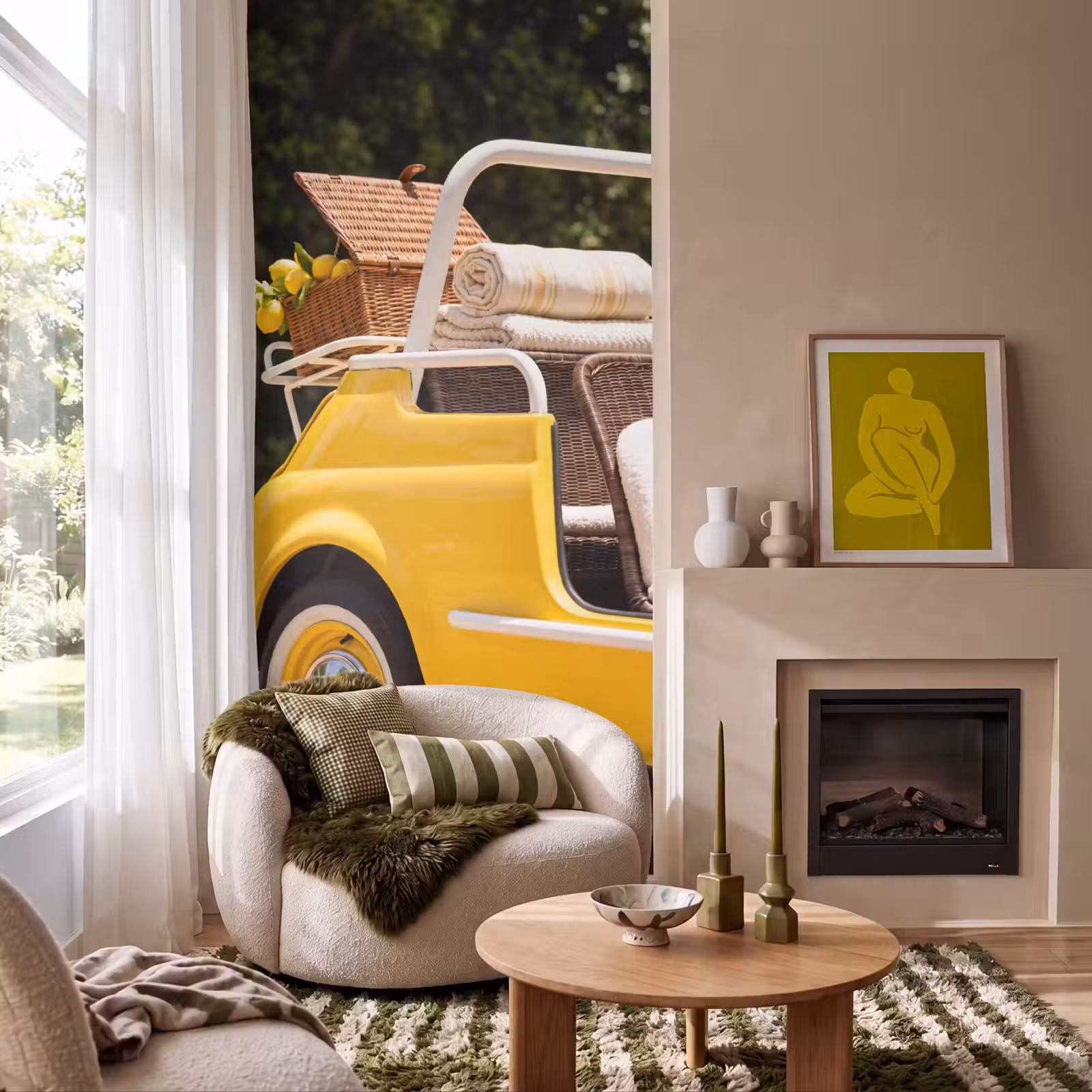 Behang - Auto - Picknick - Zomer - Geel — 1